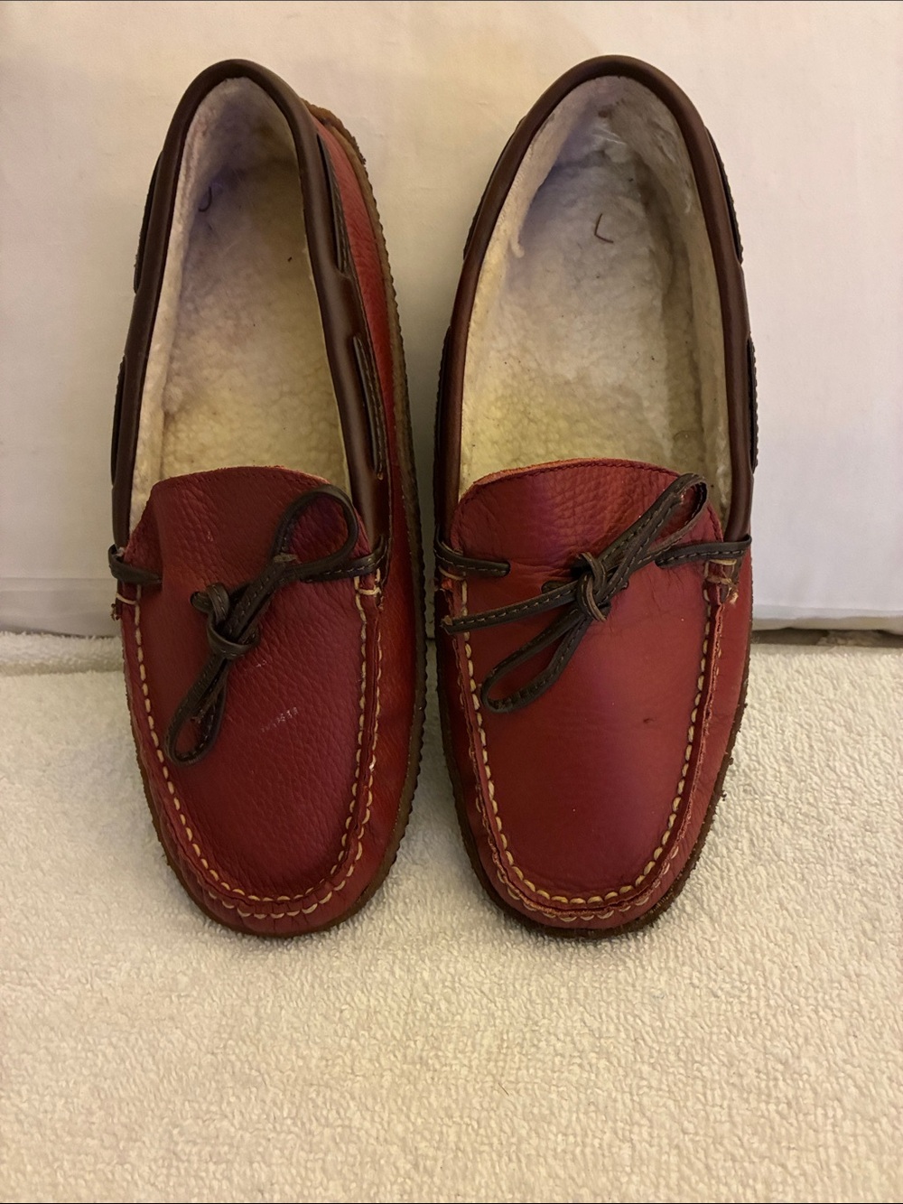 Women’s L.L.Bean Red Leather Moccasin Slippers with Shearling Lining